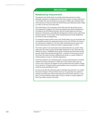 Experiment 14: A Pulsing Glow
Chapter 3124
Background
Maddened by measurement
Throughout most of this book, I’ve mostly used measurements in inches,
although sometimes I’ve digressed into the metric system, as when referring to
“5-mm LEDs.”This isn’t inconsistency on my part; it reflects the conflicted state
of the electronics industry, where you’ll find inches and millimeters both in daily
use, often in the very same data sheet.
The United States is the only major nation still using the old system of units
that originated in England. (The other two holdouts are Liberia and Myanmar,
according to the CIA’s World Factbook.) Still, the United States has led many
advances in electronics, especially the development of silicon chips, which have
contacts spaced 1/10 inch apart. These standards became firmly established,
and show no sign of disappearing.
To complicate matters further, even in the United States, you can encounter two
incompatible systems for expressing fractions of an inch. Drill bits, for instance,
are measured in multiples of 1/64 inch, while metal thicknesses may be mea-
sured in decimals such as 0.06 inch (which is approximately 1/16 inch).
The metric system is not necessarily more rational than the U.S. system. Origi-
nally, when the metric system was formally introduced in 1875, the meter was
defined as being 1/10,000,000 of the distance between the North Pole and the
equator, along a line passing through Paris—a quixotic, Francocentric conceit.
Since then, the meter has been redefined three times, in a series of efforts to
achieve greater accuracy in scientific applications.
As for the usefulness of a 10-based system, moving a decimal point is certainly
simpler than doing calculations in 64ths of an inch, but the only reason we
count in tens is because we happen to have evolved with that number of digits
on our hands. A 12-based system would really be more convenient, as numbers
would be evenly divisible by 2 and 3.
As we’re stuck with the whimsical aspects of length measurement, I’ve created
the charts in Figures 3-83 and 3-84 to assist you in going from one system to
another. From these you will see that when you need to drill a hole for a 5 mm
LED, a 3/16-inch drill bit is about right. (In fact, it results in a better, tighter fit
than if you drill an actual 5 mm hole.)
 