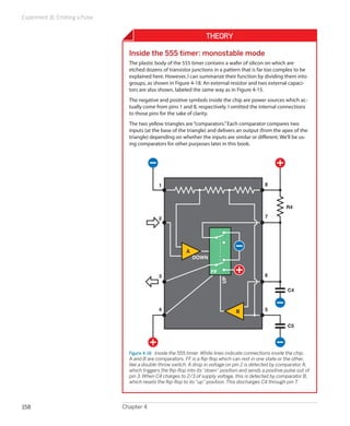 Experiment 16: Emitting a Pulse
Chapter 4158
Theory
Inside the 555 timer: monostable mode
The plastic body of the 555 timer contains a wafer of silicon on which are
etched dozens of transistor junctions in a pattern that is far too complex to be
explained here. However, I can summarize their function by dividing them into
groups, as shown in Figure 4-18. An external resistor and two external capaci-
tors are also shown, labeled the same way as in Figure 4-15.
The negative and positive symbols inside the chip are power sources which ac-
tually come from pins 1 and 8, respectively. I omitted the internal connections
to those pins for the sake of clarity.
The two yellow triangles are“comparators.”Each comparator compares two
inputs (at the base of the triangle) and delivers an output (from the apex of the
triangle) depending on whether the inputs are similar or different. We’ll be us-
ing comparators for other purposes later in this book.
R4
C4
1
2
555
TIMER
3
4 5
6
7
UP
FF
8
A
B
C5
DOWN
Figure 4-18.  Inside the 555 timer. White lines indicate connections inside the chip.
A and B are comparators. FF is a flip-flop which can rest in one state or the other,
like a double-throw switch. A drop in voltage on pin 2 is detected by comparator A,
which triggers the flip-flop into its “down” position and sends a positive pulse out of
pin 3. When C4 charges to 2/3 of supply voltage, this is detected by comparator B,
which resets the flip-flop to its “up” position. This discharges C4 through pin 7.
 
