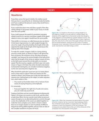 What Next? 255
Experiment 29: Filtering Frequencies
Theory
Waveforms
If you blow across the top of a bottle, the mellow sound
that you hear is caused by the air vibrating inside the bottle,
and if you could see the pressure waves, they would have a
distinctive profile.
If you could slow down time and draw a graph of the alter-
nating voltage in any power outlet in your house, it would
have the same profile.
If you could measure the speed of a pendulum swinging
slowly to and fro in a vacuum, and draw a graph of the speed
relative to time, once again it would have the same profile.
That profile is a sine wave, so called because you can derive
it from basic trigonometry. In a right-angled triangle, the
sine of an angle is found by dividing the length of the side
opposite the angle by the length of the hypoteneuse (the
sloping side of the triangle).
To make this simpler, imagine a ball on a string rotating
around a center point, as shown in Figure 5-48. Ignore the
force of gravity, the resistance of air, and other annoying
variables. Just measure the vertical height of the ball and di-
vide it by the length of the string, at regular instants of time,
as the ball moves around the circular path at a constant
speed. Plot the result as a graph, and there’s your sine wave,
shown in Figure 5-49. Note that when the ball circles below
its horizontal starting line, we consider its distance negative,
so the sine wave becomes negative, too.
Why should this particular curve turn up in so many places
and so many ways in nature? There are reasons for this
rooted in physics, but I’ll leave you to dig into that topic if it
interests you. Getting back to the subject of audio reproduc-
tion, what matters is this:
•	 Any sound can be broken down into a mixture of sine
waves of varying frequency and amplitude.
Or, conversely:
•	 If you put together the right mix of audio sine waves,
you can create any sound at all.
Suppose that there are two sounds playing simultaneously.
Figure 5-50 shows one sound as a red curve, and the other
as pale blue. When the two sounds travel either as pressure
waves through air or as alternating electric currents through
a wire, the amplitudes of the waves are added together to
make the more complex curve, which is shown in black.
Now try to imagine dozens or even hundreds of different
frequencies being added together, and you have an idea of
the complex waveform of a piece of music.
b
b
a
a
Start
Figure 5-48.  If a weight on the end of a string (length b, in
the diagram) follows a circular path at a steady speed, the
distance of the weight from a horizontal center line (length a,
in the diagram) can be plotted as a graph relative to time. The
graph will be a sine wave, so called because in basic trigonom-
etry, the ratio of a/b is the sine of the angle between line b and
the horizontal baseline, measured at the center of rotation.
Sinewaves occur naturally in the world around us, especially in
audio reproduction and alternating current.
Time
Ratioofa/b
Figure 5-49.  This is what a “pure” sinewave looks like.
Figure 5-50.  When two sinewaves are generated at the same
time (for instance, by two musicians, each playing a flute),
the combined sound creates a compound curve. The blue
sinewave is twice the frequency of the red sinewave. The
compound curve (black line) is the sum of the distances of the
sinewaves from the baseline of the graph.
 