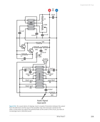 What Next? 259
Experiment 30: Fuzz
0.15uF
1uF
1K
0.15uF
0.22uF
820
100uF
NP
8 ohms
100uF
100uF
NP
100uF
100uF
1
2
3
4 13
14
15
16
5
6
7
8 9
10
11
12
9V
DC
100uF
TEA2025B
1
2
3
4 5
6
7
8
555
timer
1K
100K
100K
33K
3908K2
0.01uF
0.1uF0.01uF
0.1uF
Audio Signal
input point
Figure 5-55.  For a quick demo of clipping, insert a couple of transistors between the output
from the 555 timer and the input of the amplifier chip. One transistor overdrives the
other, so that when you adjust the potentiometer at the center of the circuit, you hear an
increasingly harsh, distorted sound.
 