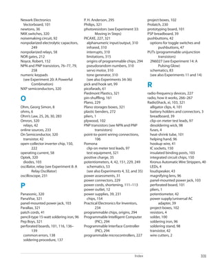 Index 331
﻿
Newark Electronics
Vectorboard, 101
newtons, 36
NKK switches, 320
noisemaking circuit, 92
nonpolarized electrolytic capacitors,
249
nonpolarized relays, 58
NOR gates, 212
Noyce, Robert, 152
NPN and PNP transistors, 76–77, 79,
258
numeric keypads
(see Experiment 20: A Powerful
Combination)
NXP semiconductors, 320
O
Ohm, Georg Simon, 8
ohms, 6
Ohm’s Law, 25, 26, 30, 283
Omron, 320
relays, 42
online sources, 233
On Semiconductor, 320
transistor, 42
open-collector inverter chip, 150,
222
operating current, 58
Optek, 320
diodes, 103
oscillator, relay (see Experiment 8: A
Relay Oscillator)
oscilloscope, 231
P
Panasonic, 320
PanaVise, 321
panel-mounted power jack, 103
Parallax, 321
patch cords, 41
pencil-type 15-watt soldering iron, 96
Pep Boys, 321
perforated boards, 101, 116, 136–
139
common errors, 138
soldering procedure, 137
P. H. Anderson, 295
Philips, 321
photoresistors (see Experiment 33:
Moving in Steps)
PICAXE, 227, 321
alphanumeric input/output, 310
infrared, 310
interrupts, 310
limitations, 315
origins of programmable chips, 294
pseudorandom numbers, 310
servo motor, 310
tone generator, 310
(see also Experiments 34-36)
pick and hook set, 99
picofarads, 61
Piedmont Plastics, 321
pin-shuffling, 161
Plano, 229
Plano storages boxes, 321
plastic benders, 272
pliers, 1
plywood, 102
PNP transistors (see NPN and PNP
transistors)
point-to-point wiring connections,
106
Pomona
clip-on meter test leads, 97
test equipment, 321
positive charge, 35
potentiometers, 4, 42, 151, 229, 249
schematics, 53
(see also Experiments 4, 32, and 35)
power assessments, 31
power connectors, 229
power cords, shortening, 111–113
power outlet, 12
power supplies, 39, 231
chips, 154
Practical Electronics for Inventors,
234
programmable chips, origins, 294
Programmable Intelligent Computer
(PIC), 294
Programmable Interface Controller
(PIC), 294
programmable microcontrollers, 227
project boxes, 102
Prolatch, 230
prototyping board, 101
PSP breadboard, 39
pushbuttons, 42
options for toggle switches and
pushbuttons, 47
PUTs (programmable unijunction
transistors)
2N6027 (see Experiment 14: A
Pulsing Glow)
schematics, 83
(see also Experiments 11 and 14)
R
radio-frequency devices, 227
radio, how it works, 266–267
RadioShack, xi, 103, 321
alligator clips, 4, 101
battery holders and connectors, 3
breadboard, 39
clip-on meter test leads, 97
desoldering wick, 98
fuses, 4
heat-shrink tube, 101
helping hand, 96
hookup wire, 41
IC sockets, 150
insulated binding posts, 103
integrated circuit chips, 150
Kronus Automatic Wire Strippers, 40
LEDs, 4
loudspeaker, 43
magnifying lens, 96
panel-mounted power jack, 103
perforated board, 101
pliers, 1
potentiometer, 42
power supply/universal AC
adapter, 39
project boxes, 102
resistors, 4
solder, 100
soldering iron, 96
soldering stand, 98
transistor, 42
wire cutters, 2
 