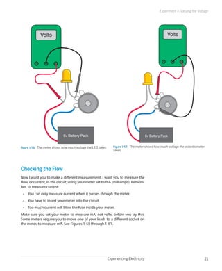 Experiencing Electricity 21
Experiment 4: Varying the Voltage
6v Battery Pack
Volts
Figure 1-56.  The meter shows how much voltage the LED takes.
6v Battery Pack
Volts
Figure 1-57.  The meter shows how much voltage the potentiometer
takes.
Checking the Flow
Now I want you to make a different measurement. I want you to measure the
flow, or current, in the circuit, using your meter set to mA (milliamps). Remem-
ber, to measure current:
•	 You can only measure current when it passes through the meter.
•	 You have to insert your meter into the circuit.
•	 Too much current will blow the fuse inside your meter.
Make sure you set your meter to measure mA, not volts, before you try this.
Some meters require you to move one of your leads to a different socket on
the meter, to measure mA. See Figures 1-58 through 1-61.
 