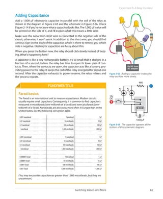 Switching Basics and More 61
Experiment 8: A Relay Oscillator
Adding Capacitance
Add a 1,000 μF electrolytic capacitor in parallel with the coil of the relay as
shown in the diagram in Figure 2-65 and the schematic in Figure 2-66. Check
Figure 2-14 if you’re not sure what a capacitor looks like.The 1,000 μF value will
be printed on the side of it, and I’ll explain what this means a little later.
Make sure the capacitor’s short wire is connected to the negative side of the
circuit; otherwise, it won’t work. In addition to the short wire, you should find
a minus sign on the body of the capacitor, which is there to remind you which
side is negative. Electrolytic capacitors are fussy about this.
When you press the button now, the relay should click slowly instead of buzz-
ing. What’s happening here?
A capacitor is like a tiny rechargeable battery. It’s so small that it charges in a
fraction of a second, before the relay has time to open its lower pair of con-
tacts. Then, when the contacts are open, the capacitor acts like a battery, pro-
viding power to the relay. It keeps the coil of the relay energized for about one
second. After the capacitor exhausts its power reserve, the relay relaxes and
the process repeats.
Fundamentals
Farad basics
The Farad is an international unit to measure capacitance. Modern circuits
usually require small capacitors. Consequently it is common to find capacitors
measured in microfarads (one-millionth of a farad) and even picofarads (one-
trillionth of a farad). Nanofarads are also used, more often in Europe than in the
United States. See the following conversion table.
0.001 nanofarad 1 picofarad 1 pF
0.01 nanofarad 10 picofarads 10 pF
0.1 nanofarad 100 picofarads 100 pF
1 nanofarad 1,000 picofarads 1,000 pF
0.001 microfarad 1 nanofarad 1 nF
0.01 microfarad 10 nanofarads 10 nF
0.1 microfarad 100 nanofarads 100 nF
1 microfarad 1,000 nanofarads 1,000 nF
0.000001 Farad 1 microfarad 1 mF
0.00001 Farad 10 microfarads 10 mF
0.0001 Farad 100 microfarads 100 mF
0.001 Farad 1,000 microfarads 1,000 mF
(You may encounter capacitances greater than 1,000 microfarads, but they are
uncommon.)
12v DC from
AC adapter
Figure 2-65.  Adding a capacitor makes the
relay oscillate more slowly.
680
12v
DC
Figure 2-66.  The capacitor appears at the
bottom of this schematic diagram.
 