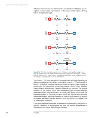 Experiment 9: Time and Capacitors
Chapter 270
difference between one end of the resistor and the other will be zero (assum-
ing that we ignore little imperfections in the components). Figure 2-80 may
help to clarify this concept.
1K 1K
12v
DC
6
volts
6
volts
1K 9K
12v
DC
1.2
volts
10.8
volts
1K 99K
12v
DC
0.12
volts
11.88
volts
1K
infinite
resistance
12v
DC
0
volts
12
volts
Figure 2-80.  When two resistances are in series, the larger one drops the voltage more
than the smaller one. If the larger resistance becomes infinite (as in the case of a capaci-
tor), the smaller one no longer has any measurable contribution to the voltage drop, and
the voltage is almost exactly the same at both ends.
You should try this using real resistors and capacitors—although if you do, you
will run into a little problem.When you use your meter in its“DC volts”mode, it
diverts a little of the current in the circuit—just a tiny taste—in the process of
measuring it. The meter steals such a small amount, it doesn’t affect the read-
ing significantly when you are checking voltage across a resistor. The internal
resistance of the meter is higher than the values of most resistors. However,
remember that the internal resistance of a capacitor is almost infinite. Now the
internal resistance of the meter becomes significant. Because you can never
have an ideal meter, any more than you can have an ideal capacitor or resistor,
your meter will always interfere with the circuit slightly, and you will get only
an approximate indication.
If you try to measure the voltage on a capacitor that has been charged but is
now not connected to anything else, you’ll see the number slowly falling, as
the capacitor discharges itself through the meter.
 