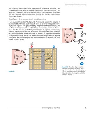 Switching Basics and More 75
Experiment 10: Transistor Switching
Your finger is conducting positive voltage to the base of the transistor. Even
though your skin has a high resistance, the transistor still responds. It isn’t just
switching the LED on and off; it is amplifying the current applied to its base.
This is an essential concept: a transistor amplifies any changes in current that
you apply to its base.
Check Figure 2-88 to see more clearly what’s happening.
If you studied the section “Background: Positive and negative” in Chapter 1,
you learned that there is really no such thing as positive voltage. All we re-
ally have is negative voltage (created by the pressure of free electrons) and
an absence of negative voltage (where there are fewer free electrons). But be-
cause the idea of a flow of electricity from positive to negative was so widely
believed before the electron was discovered, and because the inner workings
of a transistor involve “holes” which are an absence of electrons and can be
thought of as positive, we can still pretend that electricity flows from positive
to negative. See the following section,“Essentials: All about NPN and PNP tran-
sistors,”for more details.
R1
Q1
12v
DC
Finger
tip R3
D1
Figure 2-87
R1
Q1
R3
Finger
tip
Figure 2-88.  These two diagrams show
the same components as before, with a
fingertip substituted for R2. Although only
a trickle of voltage now reaches the base
of the transistor, it’s enough to make the
transistor respond.
 