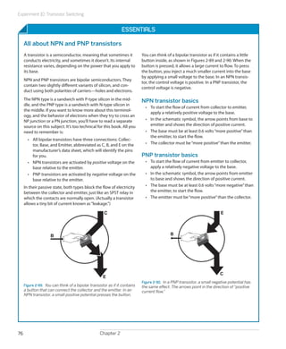 Experiment 10: Transistor Switching
Chapter 276
Essentials
All about NPN and PNP transistors
A transistor is a semiconductor, meaning that sometimes it
conducts electricity, and sometimes it doesn’t. Its internal
resistance varies, depending on the power that you apply to
its base.
NPN and PNP transistors are bipolar semiconductors. They
contain two slightly different variants of silicon, and con-
duct using both polarities of carriers—holes and electrons.
The NPN type is a sandwich with P-type silicon in the mid-
dle, and the PNP type is a sandwich with N-type silicon in
the middle. If you want to know more about this terminol-
ogy, and the behavior of electrons when they try to cross an
NP junction or a PN junction, you’ll have to read a separate
source on this subject. It’s too technical for this book. All you
need to remember is:
•	 All bipolar transistors have three connections: Collec-
tor, Base, and Emitter, abbreviated as C, B, and E on the
manufacturer’s data sheet, which will identify the pins
for you.
•	 NPN transistors are activated by positive voltage on the
base relative to the emitter.
•	 PNP transistors are activated by negative voltage on the
base relative to the emitter.
In their passive state, both types block the flow of electricity
between the collector and emitter, just like an SPST relay in
which the contacts are normally open. (Actually a transistor
allows a tiny bit of current known as“leakage.”)
You can think of a bipolar transistor as if it contains a little
button inside, as shown in Figures 2-89 and 2-90. When the
button is pressed, it allows a large current to flow. To press
the button, you inject a much smaller current into the base
by applying a small voltage to the base. In an NPN transis-
tor, the control voltage is positive. In a PNP transistor, the
control voltage is negative.
NPN transistor basics
•	 To start the flow of current from collector to emitter,
apply a relatively positive voltage to the base.
•	 In the schematic symbol, the arrow points from base to
emitter and shows the direction of positive current.
•	 The base must be at least 0.6 volts“more positive”than
the emitter, to start the flow.
•	 The collector must be“more positive”than the emitter.
PNP transistor basics
•	 To start the flow of current from emitter to collector,
apply a relatively negative voltage to the base.
•	 In the schematic symbol, the arrow points from emitter
to base and shows the direction of positive current.
•	 The base must be at least 0.6 volts“more negative”than
the emitter, to start the flow.
•	 The emitter must be“more positive”than the collector.
B
C
E
Figure 2-89.  You can think of a bipolar transistor as if it contains
a button that can connect the collector and the emitter. In an
NPN transistor, a small positive potential presses the button.
B
C
E
Figure 2-90.  In a PNP transistor, a small negative potential has
the same effect. The arrows point in the direction of “positive
current flow.”
 
