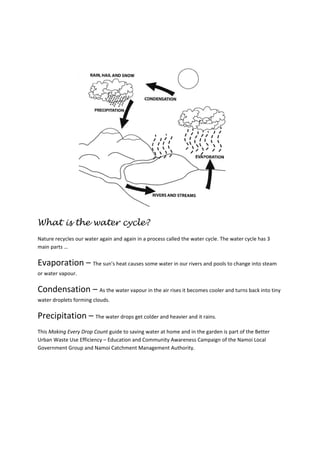  

 

 

 

 

 

 

 

 

 

 

 

What is the water cycle?
Nature recycles our water again and again in a process called the water cycle. The water cycle has 3 
main parts … 

Evaporation – The sun’s heat causes some water in our rivers and pools to change into steam 
or water vapour. 

Condensation – As the water vapour in the air rises it becomes cooler and turns back into tiny 
water droplets forming clouds. 

Precipitation – The water drops get colder and heavier and it rains.  
This Making Every Drop Count guide to saving water at home and in the garden is part of the Better 
Urban Waste Use Efficiency – Education and Community Awareness Campaign of the Namoi Local 
Government Group and Namoi Catchment Management Authority. 
 
