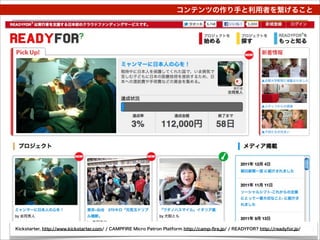 コンテンツの作り手と利用者を繋げること




Kickstarter, http://www.kickstarter.com/ / CAMPFIRE Micro Patron Platform http://camp-ﬁre.jp/ / READYFOR? http://readyfor.jp/
 