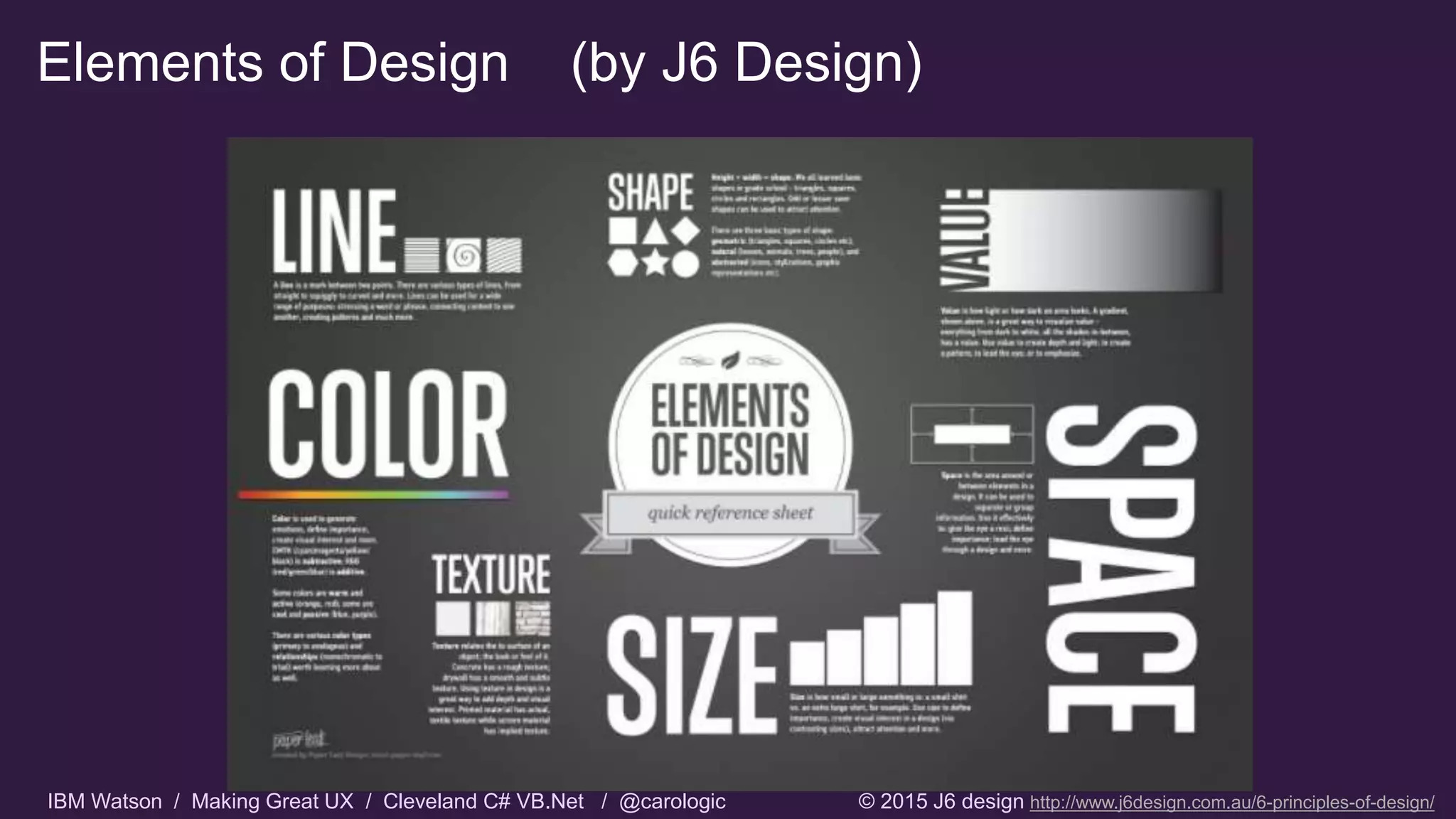 IBM Watson / Making Great UX / Cleveland C# VB.Net / @carologic
Elements of Design (by J6 Design)
© 2015 J6 design http://www.j6design.com.au/6-principles-of-design/
 