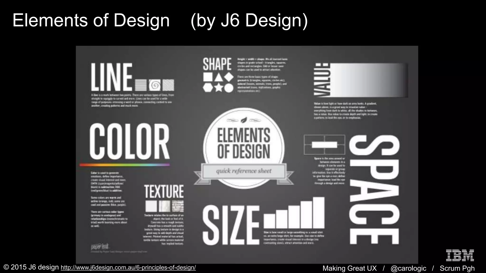 Making Great UX / @carologic / Scrum Pgh
Elements of Design (by J6 Design)
© 2015 J6 design http://www.j6design.com.au/6-principles-of-design/
 