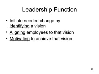 Leadership Function Initiate needed change by  identifying  a vision Aligning  employees to that vision Motivating  to achieve that vision 