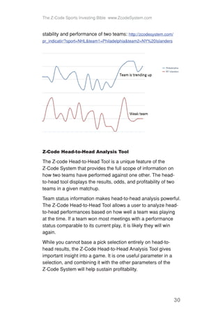 The Z-Code Sports Investing Bible www.ZcodeSystem.com
30
stability and performance of two teams: http://zcodesystem.com/
pr_indicatir/?sport=NHL&team1=Philadelphia&team2=NY%20Islanders
Z-Code Head-to-Head Analysis Tool
The Z-code Head-to-Head Tool is a unique feature of the
Z-Code System that provides the full scope of information on
how two teams have performed against one other. The head-
to-head tool displays the results, odds, and profitability of two
teams in a given matchup.
Team status information makes head-to-head analysis powerful.
The Z-Code Head-to-Head Tool allows a user to analyze head-
to-head performances based on how well a team was playing
at the time. If a team won most meetings with a performance
status comparable to its current play, it is likely they will win
again.
While you cannot base a pick selection entirely on head-to-
head results, the Z-Code Head-to-Head Analysis Tool gives
important insight into a game. It is one useful parameter in a
selection, and combining it with the other parameters of the
Z-Code System will help sustain profitability.
 