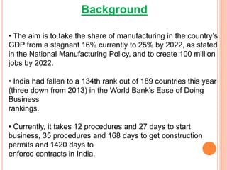 Background
• The aim is to take the share of manufacturing in the country’s
GDP from a stagnant 16% currently to 25% by 2022, as stated
in the National Manufacturing Policy, and to create 100 million
jobs by 2022.
• India had fallen to a 134th rank out of 189 countries this year
(three down from 2013) in the World Bank’s Ease of Doing
Business
rankings.
• Currently, it takes 12 procedures and 27 days to start
business, 35 procedures and 168 days to get construction
permits and 1420 days to
enforce contracts in India.
