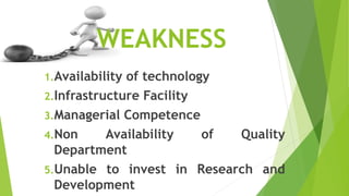 WEAKNESS
1.Availability of technology
2.Infrastructure Facility
3.Managerial Competence
4.Non Availability of Quality
Department
5.Unable to invest in Research and
Development
 