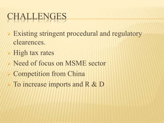 CHALLENGES
 Existing stringent procedural and regulatory
clearences.
 High tax rates
 Need of focus on MSME sector
 Competition from China
 To increase imports and R & D
 