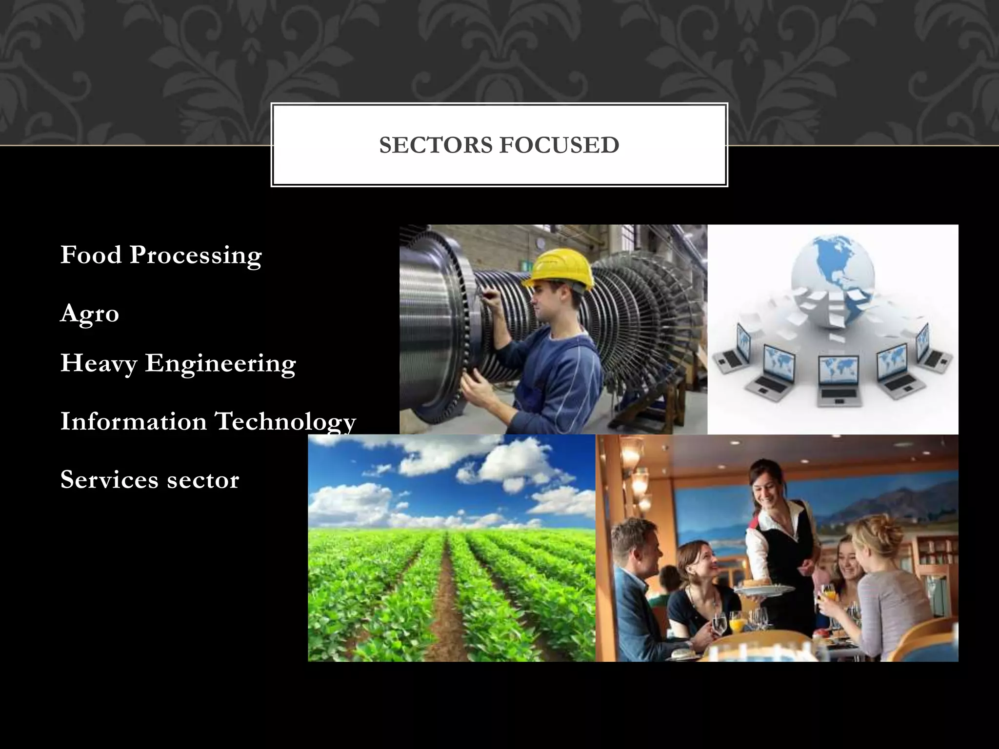 SECTORS FOCUSED 
Food Processing 
Agro 
Heavy Engineering 
Information Technology 
Services sector 
 