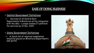 EASE OF DOING BUSINESS
• Central Government Initiatives
→ Services of all Central Govt.
Departments & Ministries will be integrated
with the eBiz – a single window IT platform
for services by 31 Dec. 2014.
• State Government Initiatives
→ A check-list of required compliances
should be placed on Ministry’s/Department’s
web portal.
 
