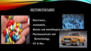 SECTORS FOCUSED
• Electronics.
• Automobile.
• Metals and metallurgical products.
• Pharmaceuticals and
Biotechnology.
• Oil & Gas.
 
