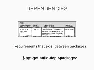 DEPENDENCIES




Requirements that exist between packages


    $ apt-get build-dep <package>
 
