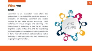 5
Who we
are:
MakeIntern is an association which offers best
opportunities to the students by connecting students to
corporates for internship. MakeIntern also enables
students to gain skills through workshops( 1000+
workshops in various colleges) and e-learning . The
establishment of MakeIntern is done by Mr. Hardeep
Singh Puri on 21st of May, 2013. With the vision to help
students to develop their skills and to bring out the best
of them. This will help them professionally as well as
personally for their own growth and each student should
be going through internships.
5
 