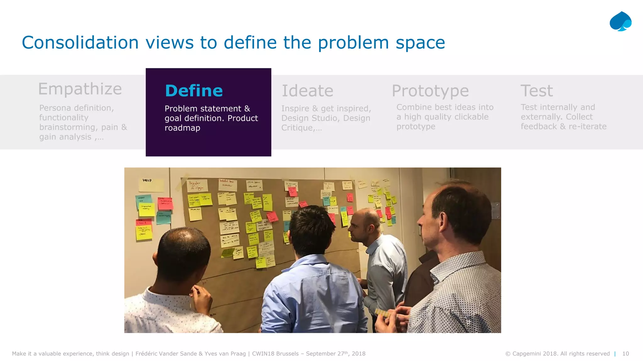 10© Capgemini 2018. All rights reserved |Make it a valuable experience, think design | Frédéric Vander Sande & Yves van Praag | CWIN18 Brussels – September 27th, 2018
Consolidation views to define the problem space
Empathize Define Ideate Prototype Test
Persona definition,
functionality
brainstorming, pain &
gain analysis ,…
Problem statement &
goal definition. Product
roadmap
Inspire & get inspired,
Design Studio, Design
Critique,…
Combine best ideas into
a high quality clickable
prototype
Test internally and
externally. Collect
feedback & re-iterate
 