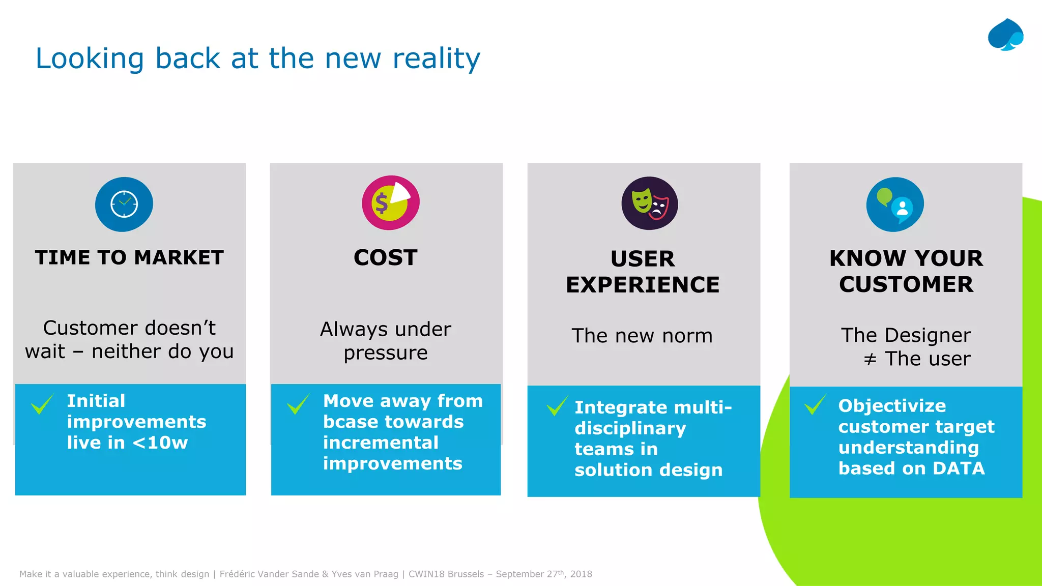 20© Capgemini 2018. All rights reserved |Make it a valuable experience, think design | Frédéric Vander Sande & Yves van Praag | CWIN18 Brussels – September 27th, 2018
Looking back at the new reality
TIME TO MARKET
Customer doesn’t
wait – neither do you
COST
Always under
pressure
USER
EXPERIENCE
The new norm
KNOW YOUR
CUSTOMER
The Designer
≠ The user
Initial
improvements
live in <10w
Move away from
bcase towards
incremental
improvements
Integrate multi-
disciplinary
teams in
solution design
Objectivize
customer target
understanding
based on DATA
 