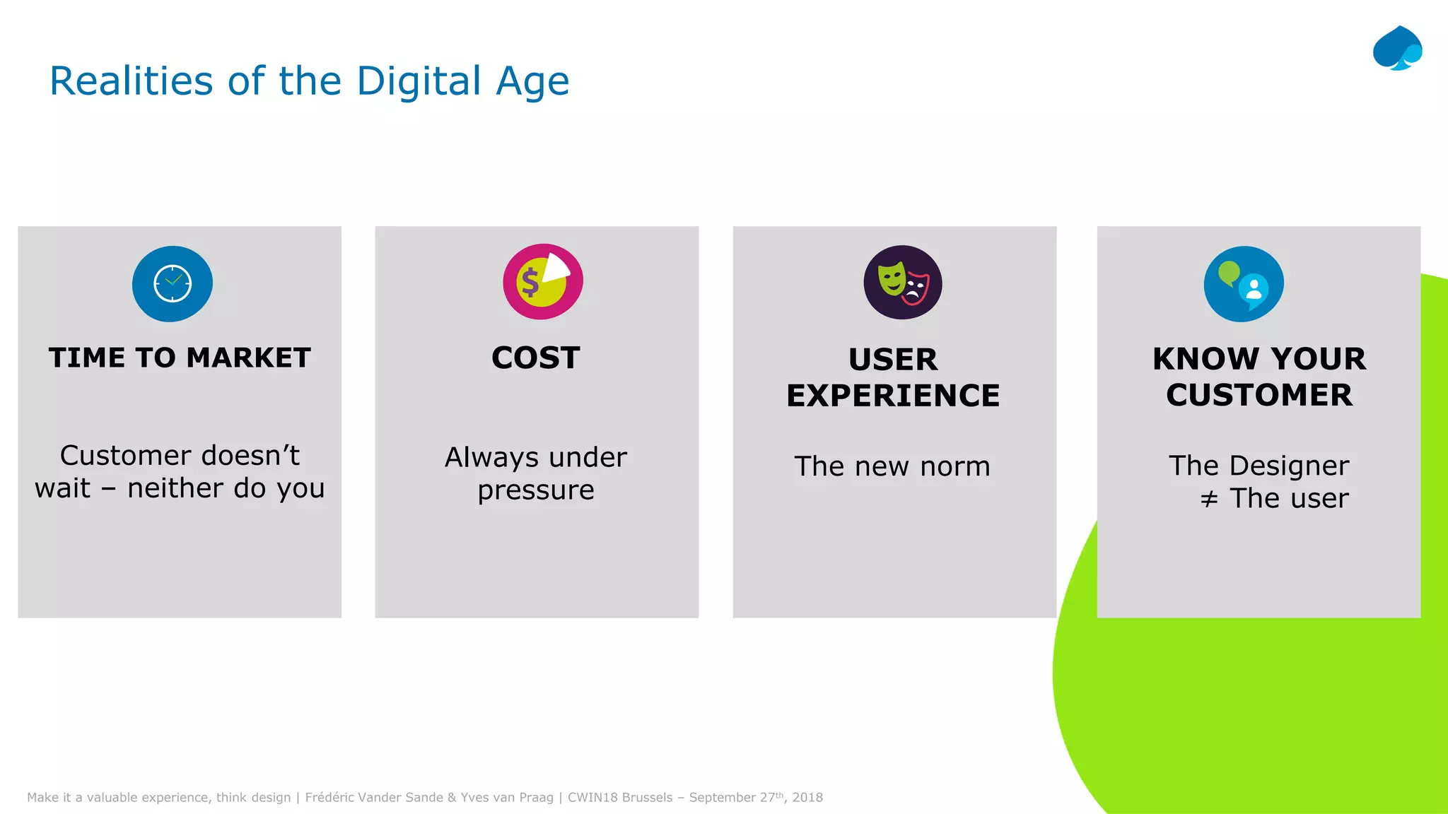 6© Capgemini 2018. All rights reserved |Make it a valuable experience, think design | Frédéric Vander Sande & Yves van Praag | CWIN18 Brussels – September 27th, 2018
Realities of the Digital Age
TIME TO MARKET
Customer doesn’t
wait – neither do you
COST
Always under
pressure
USER
EXPERIENCE
The new norm
KNOW YOUR
CUSTOMER
The Designer
≠ The user
 