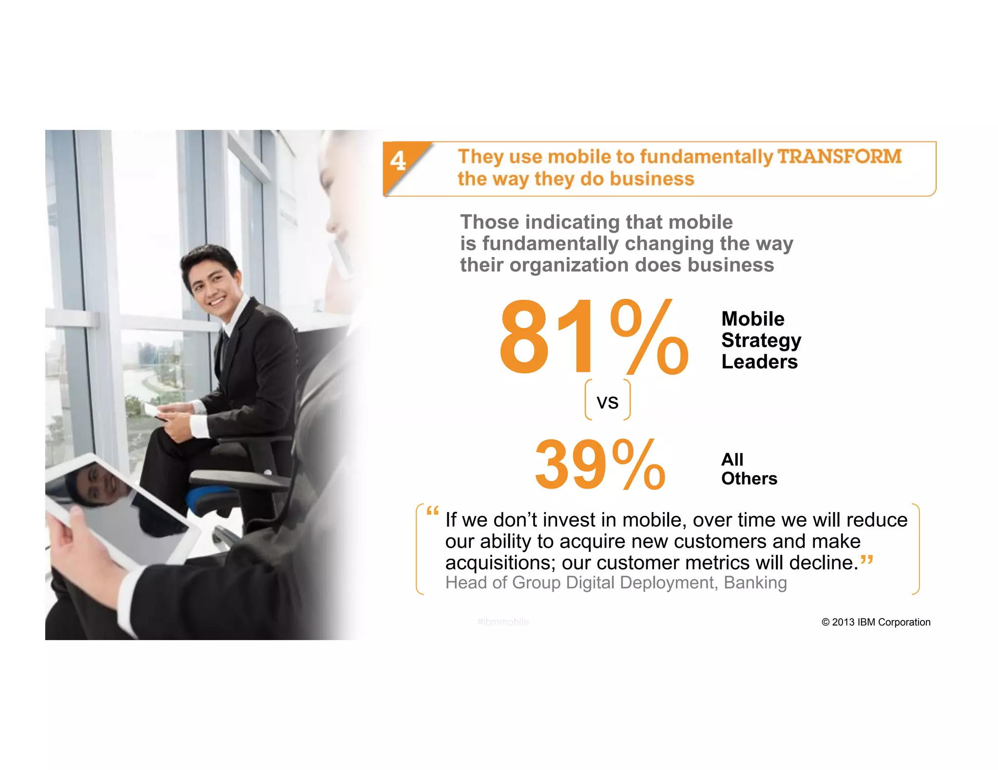 Those indicating that mobile
is fundamentally changing the way
their organization does business

81%

Mobile
Strategy
Leaders

vs

39%

All
Others

If we don’t invest in mobile, over time we will reduce
our ability to acquire new customers and make
acquisitions; our customer metrics will decline.
Head of Group Digital Deployment, Banking
12

#ibmmobile

© 2013 IBM Corporation

 