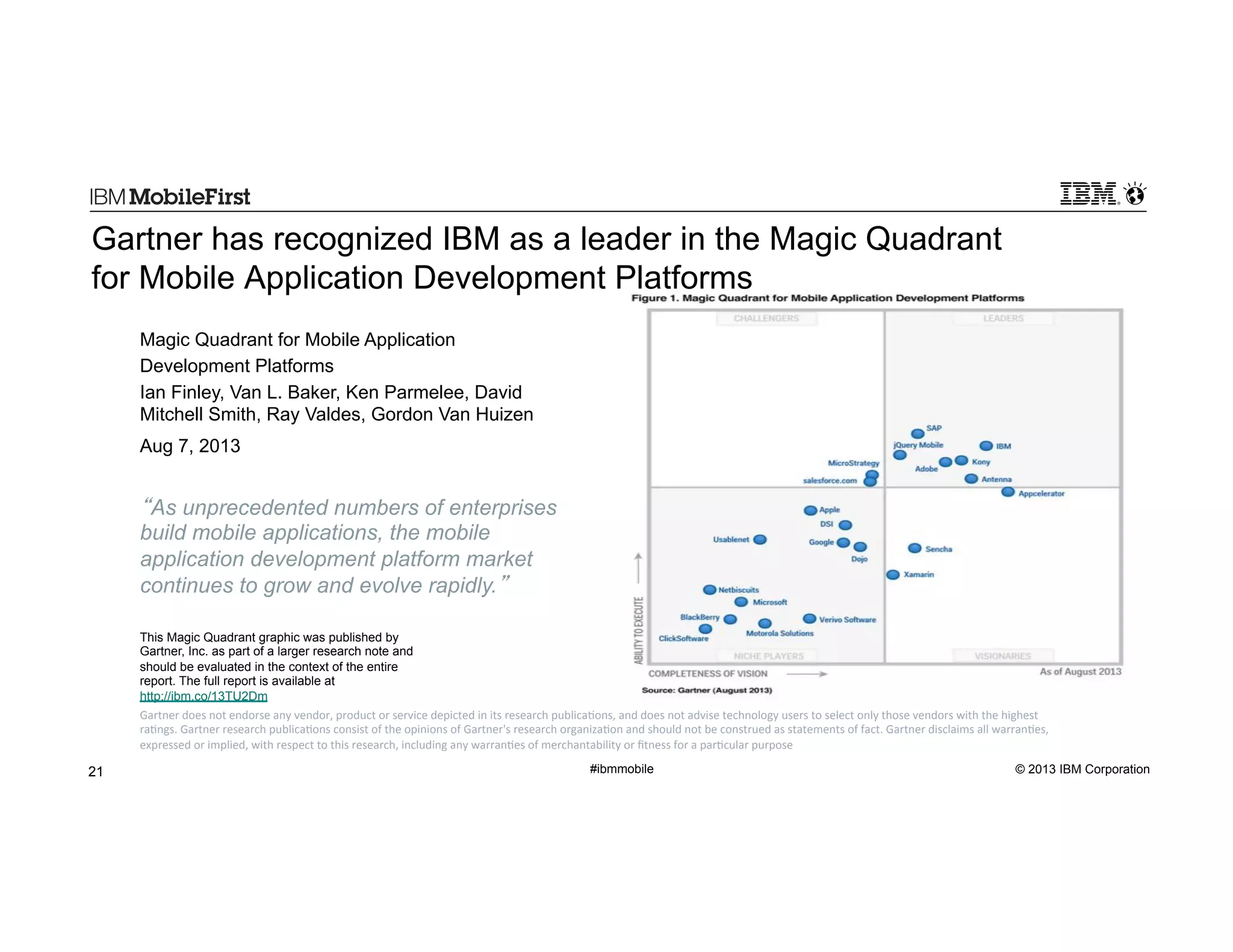First

Gartner has recognized IBM as a leader in the Magic Quadrant
for Mobile Application Development Platforms
Magic Quadrant for Mobile Application
Development Platforms
Ian Finley, Van L. Baker, Ken Parmelee, David
Mitchell Smith, Ray Valdes, Gordon Van Huizen
Aug 7, 2013''

As unprecedented numbers of enterprises
build mobile applications, the mobile
application development platform market
continues to grow and evolve rapidly.
This Magic Quadrant graphic was published by
Gartner, Inc. as part of a larger research note and
should be evaluated in the context of the entire
report. The full report is available at
http://ibm.co/13TU2Dm
Gartner'does'not'endorse'any'vendor,'product'or'service'depicted'in'its'research'publica5ons,'and'does'not'advise'technology'users'to'select'only'those'vendors'with'the'highest'
ra5ngs.'Gartner'research'publica5ons'consist'of'the'opinions'of'Gartner's'research'organiza5on'and'should'not'be'construed'as'statements'of'fact.'Gartner'disclaims'all'warran5es,'
expressed'or'implied,'with'respect'to'this'research,'including'any'warran5es'of'merchantability'or'ﬁtness'for'a'par5cular'purpose'

21

#ibmmobile

© 2013 IBM Corporation

 