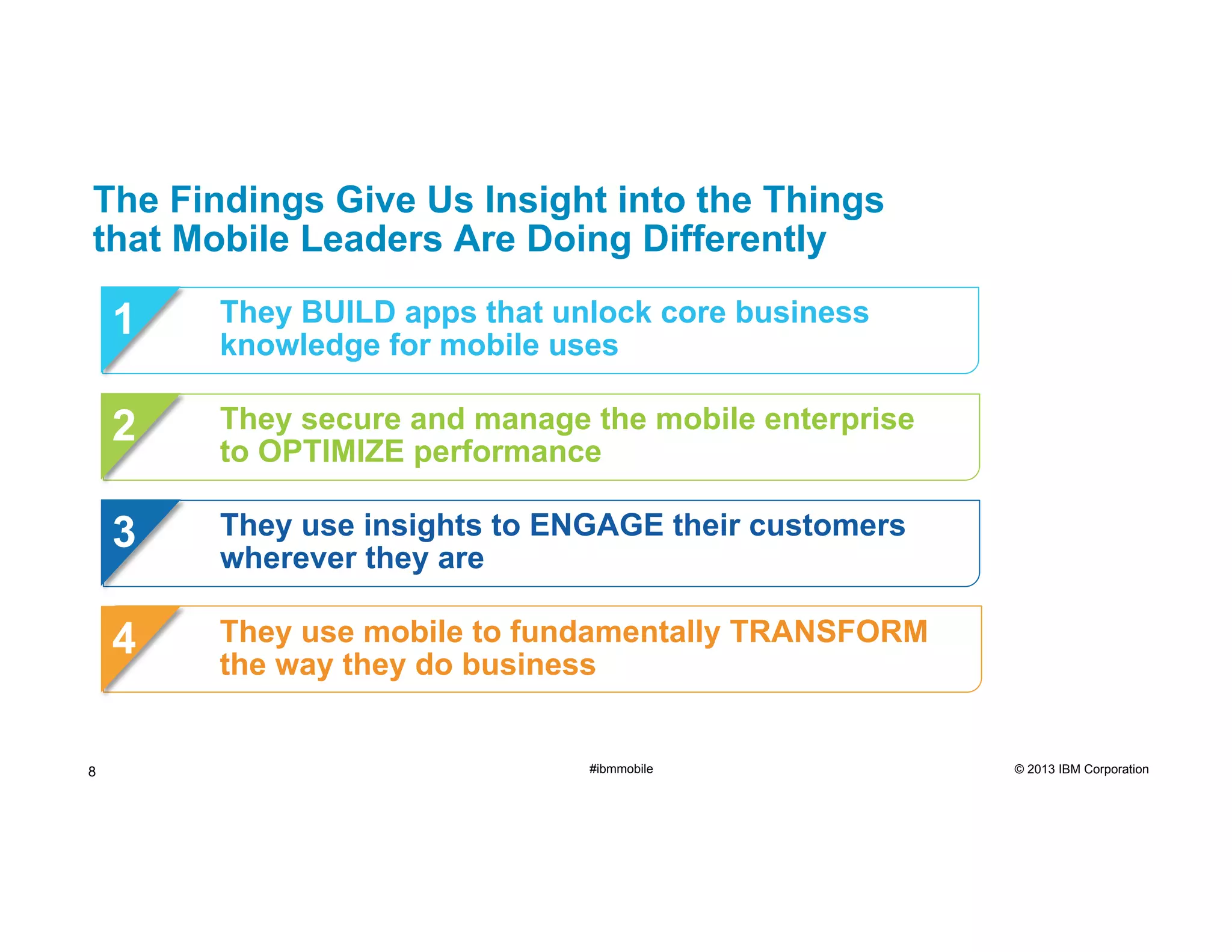 The Findings Give Us Insight into the Things
that Mobile Leaders Are Doing Differently

1
2

They secure and manage the mobile enterprise
to OPTIMIZE performance

3

They use insights to ENGAGE their customers
wherever they are

4
8

They BUILD apps that unlock core business
knowledge for mobile uses

They use mobile to fundamentally TRANSFORM
the way they do business

#ibmmobile

© 2013 IBM Corporation

 