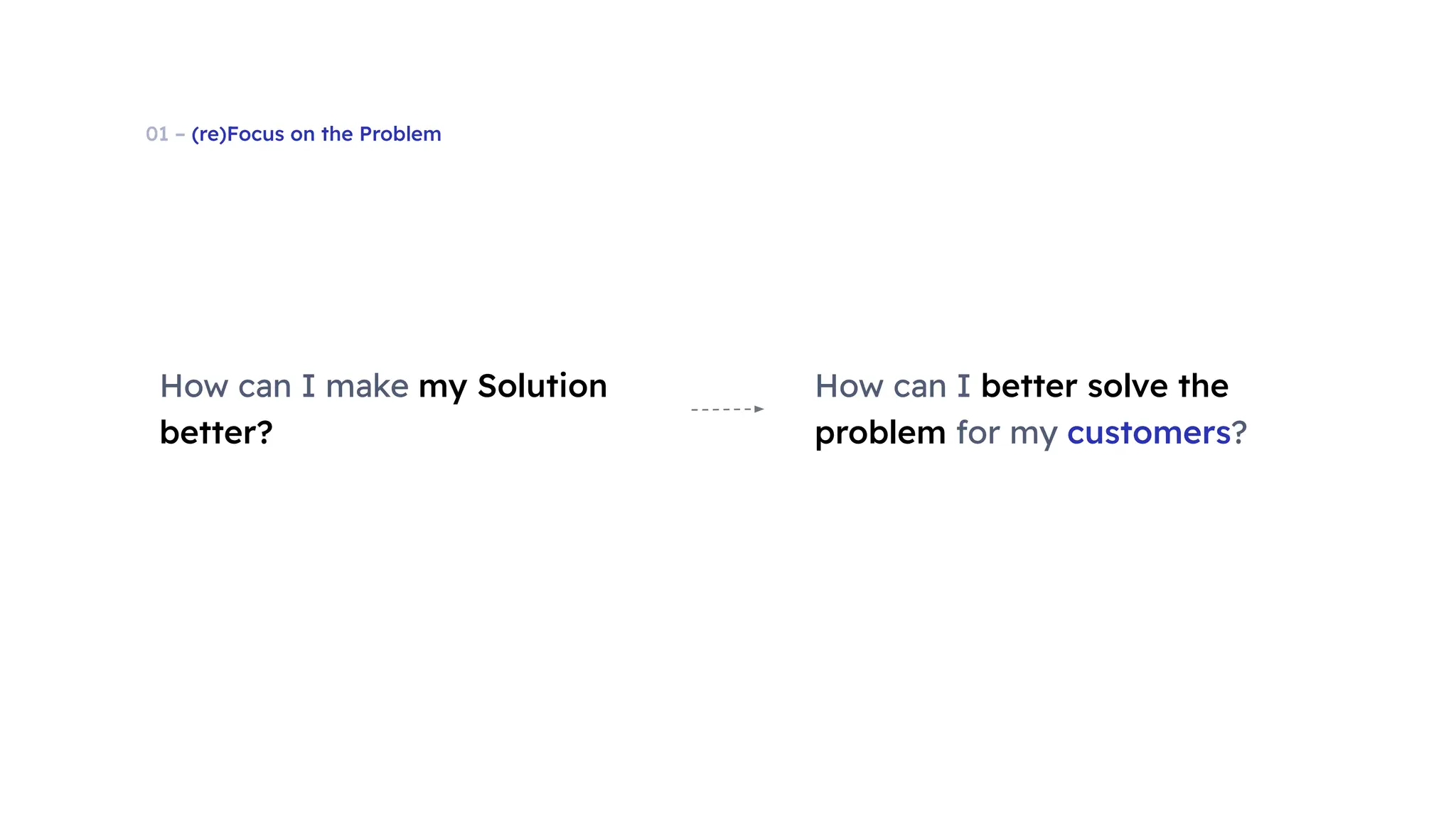 01 – (re)Focus on the Problem
How can I make my Solution
better?
How can I better solve the
problem for my customers?
 