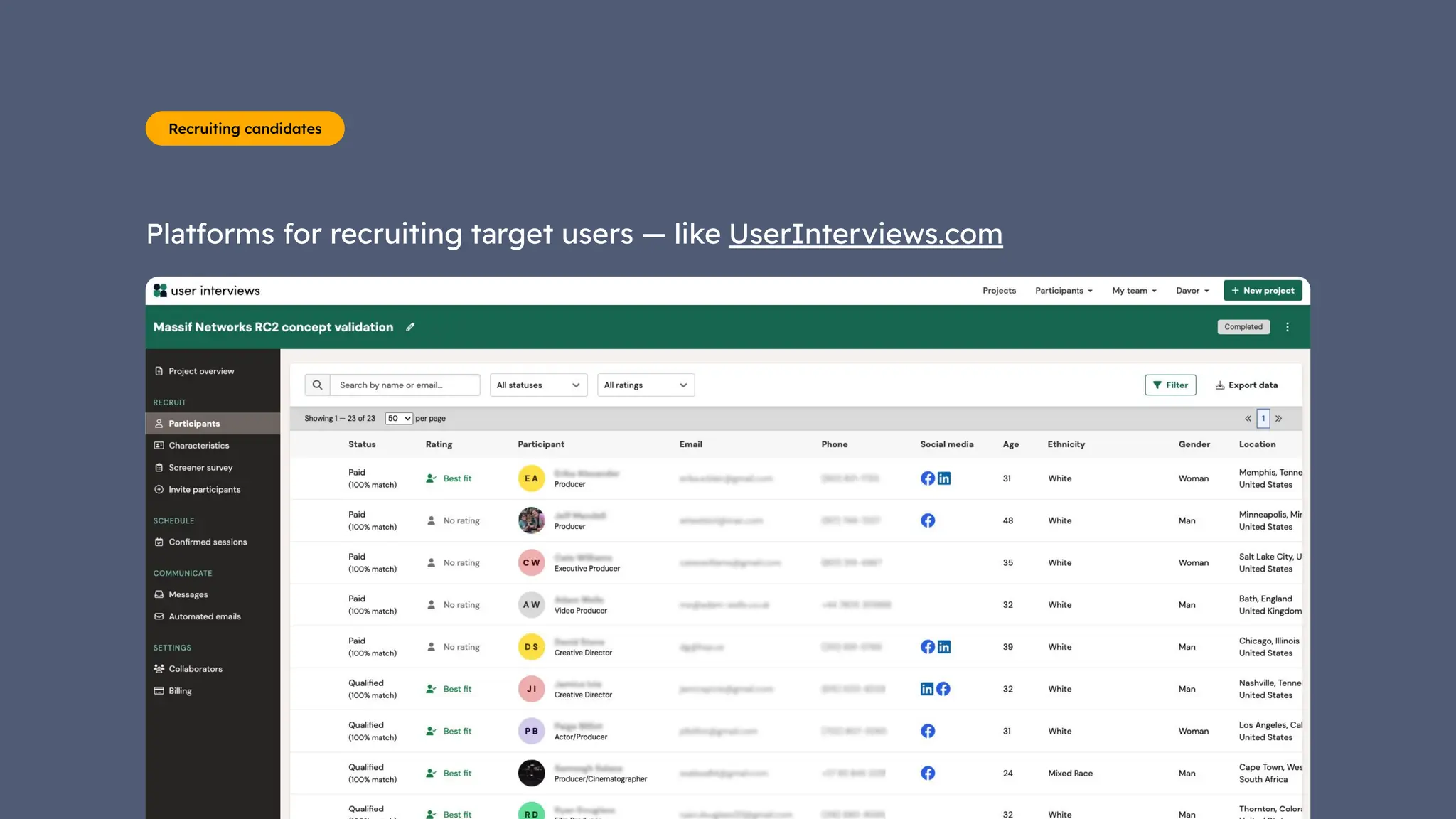 Platforms for recruiting target users — like UserInterviews.com
Recruiting candidates
 