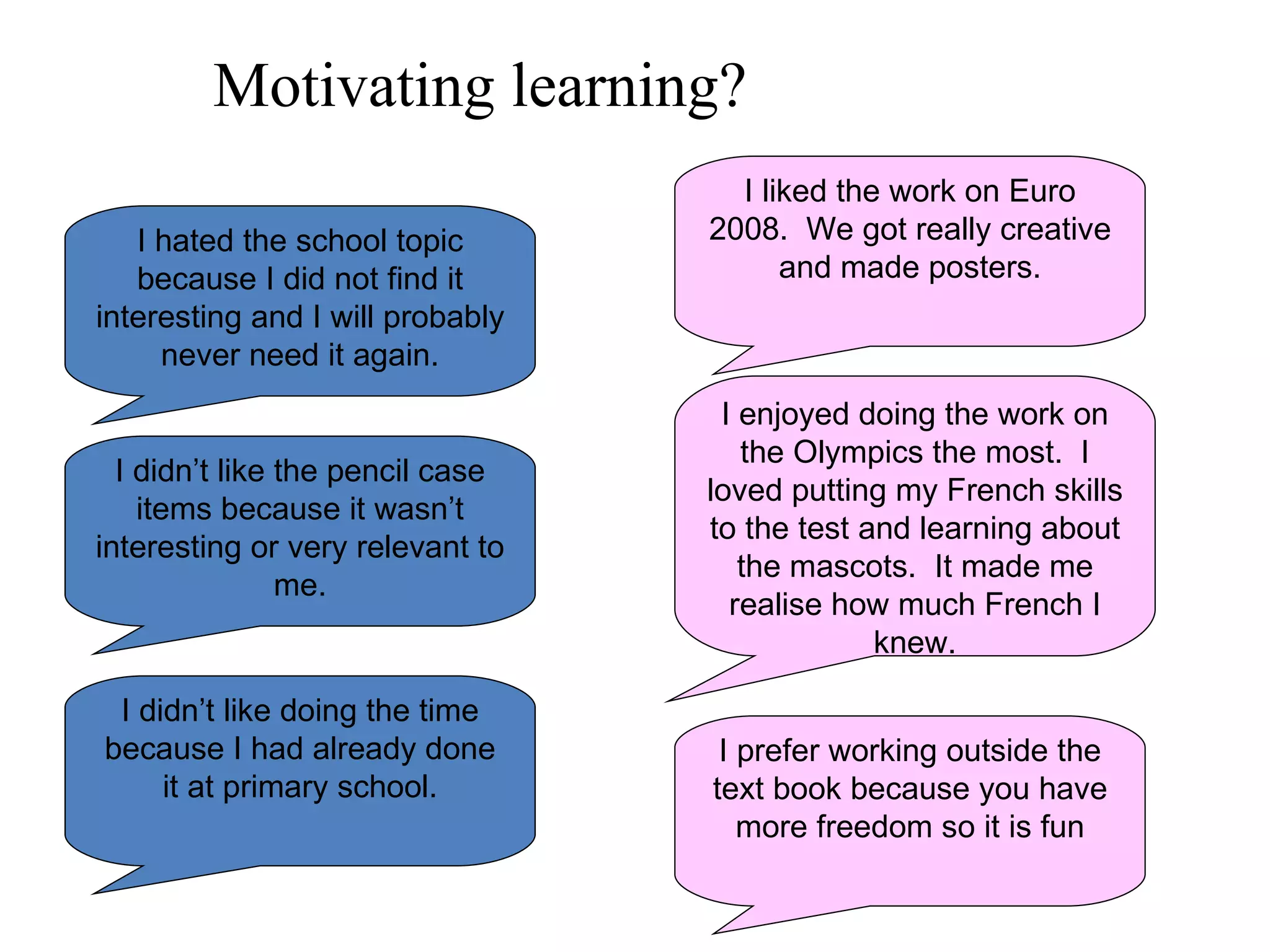 I hated the school topic because I did not find it interesting and I will probably never need it again. I didn’t like the pencil case items because it wasn’t interesting or very relevant to me. I didn’t like doing the time because I had already done it at primary school. I prefer working outside the text book because you have more freedom so it is fun I liked the work on Euro 2008.  We got really creative and made posters. I enjoyed doing the work on the Olympics the most.  I loved putting my French skills to the test and learning about the mascots.  It made me realise how much French I knew. Motivating learning? 