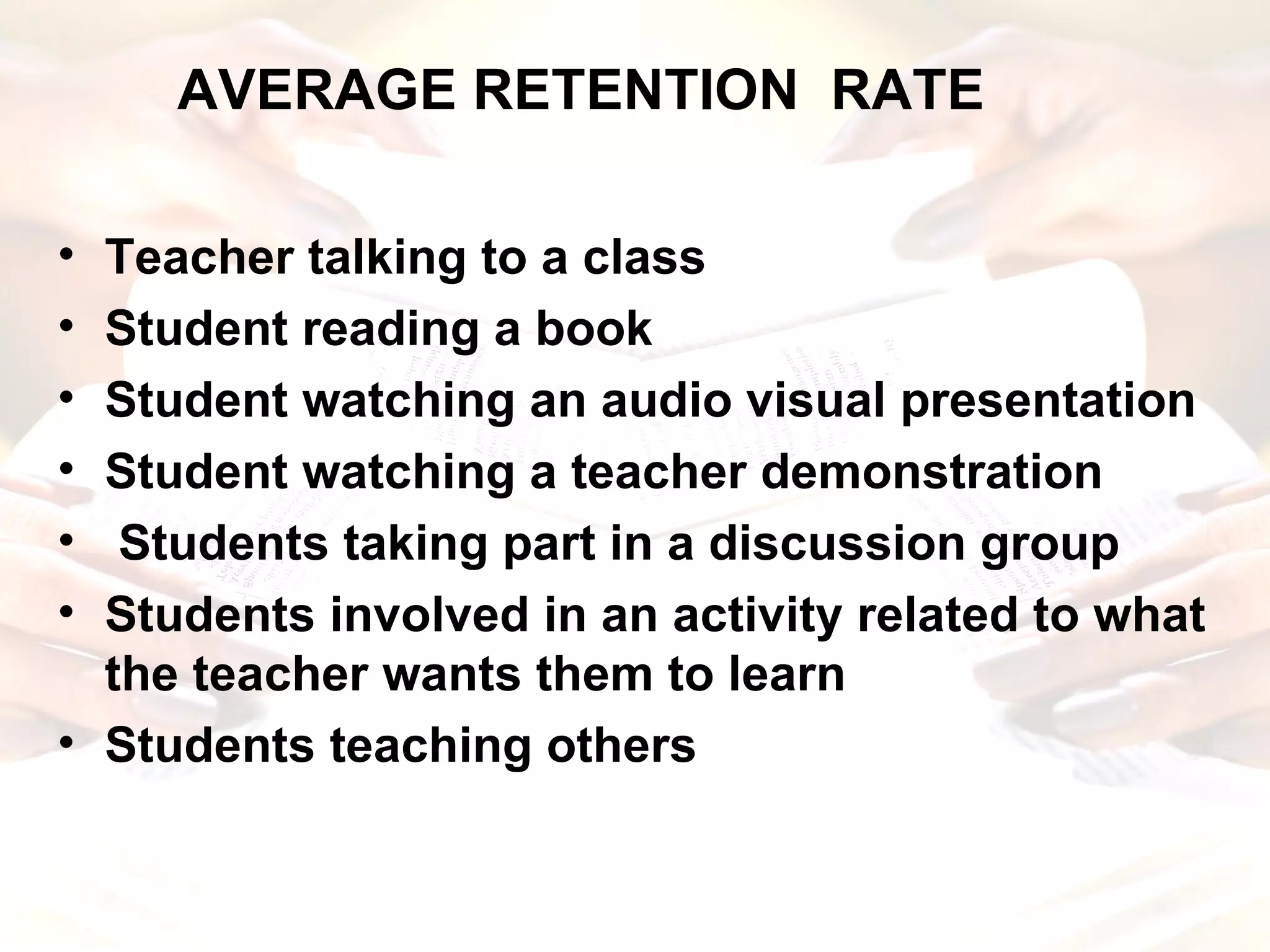 Teacher talking to a class Student reading a book Student watching an audio visual presentation Student watching a teacher demonstration Students taking part in a discussion group Students involved in an activity related to what the teacher wants them to learn Students teaching others AVERAGE RETENTION  RATE 