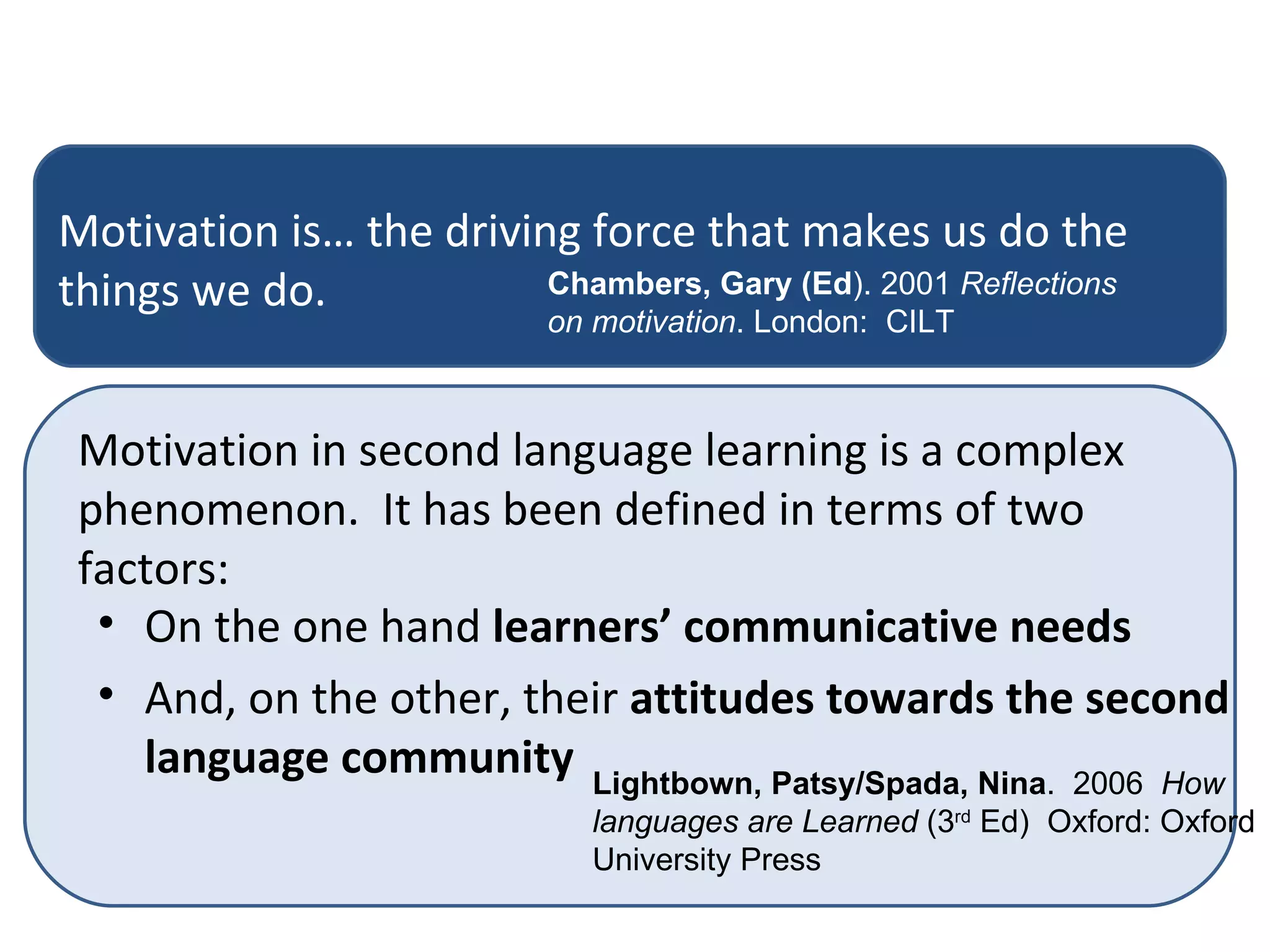 Motivation in second language learning is a complex phenomenon.  It has been defined in terms of two factors: On the one hand  learners’ communicative needs And, on the other, their  attitudes towards the second language community  Lightbown, Patsy/Spada, Nina .  2006  How languages are Learned  (3 rd  Ed)  Oxford: Oxford University Press Motivation is… the driving force that makes us do the things we do. Chambers, Gary (Ed ). 2001  Reflections on motivation . London:  CILT 
