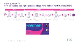 mRNA purification
How to choose the right process steps for a robust mRNA production?
Make Purify Formulate
pDNA
Linearization
Chromatography
And/or UF/DF
In vitro
Transcription
Chromatography
And/or UF/DF
Enzymatic
capping
Chromatography UF/DF Encapsulation
& Formulation
Final Sterile
Filtration
UF/DF
Make it right – Best practices for mRNA manufacturing
 