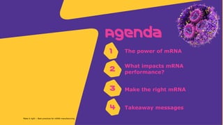 p
Agenda
1
2
3
The power of mRNA
What impacts mRNA
performance?
Make the right mRNA
Takeaway messages
4
Make it right – Best practices for mRNA manufacturing
 