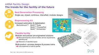 mRNA Facility Design
The trends for the facility of the future
Flexible facility
Increased automation & digitalization
BioContinuum™: Bio4C™ Suite
Bio4C™ ProcessPad
Bio4C™ Orchestrator
Single use, closed, continous, intensified, modular designs
Modular and podular pre-engineered solutions
Bioprocessing 4.0
Next Genenartion Processing
Reduced footprints, time-to-market, service requirements,
operating exp
Less expensise to build & operate
Reduction of classified space
Multi-product –process designs & process trains
Make it right – Best practices for mRNA manufacturing
 