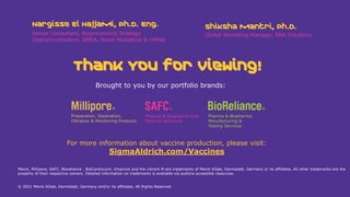 Make it right – Best practices for mRNA manufacturing
For more information about vaccine production, please visit:
SigmaAldrich.com/Vaccines
Merck, Millipore, SAFC, Bioreliance , BioContinuum, Emprove and the vibrant M are trademarks of Merck KGaA, Darmstadt, Germany or its affiliates. All other trademarks are the
property of their respective owners. Detailed information on trademarks is available via publicly accessible resources.
© 2021 Merck KGaA, Darmstadt, Germany and/or its affiliates. All Rights Reserved.
Thank You for Viewing!
Brought to you by our portfolio brands:
Senior Consultant, Bioprocessing Strategy
Operationalization, EMEA, Novel Modalities & mRNA
Nargisse El Hajjami, Ph.D. Eng.
Global Marketing Manager, RNA Solutions
Shiksha Mantri, Ph.D.
 