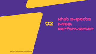 p
What Impacts
mRNA
Performance?
02
Make it right – Best practices for mRNA manufacturing
 