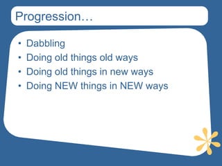 Progression…

•   Dabbling
•   Doing old things old ways
•   Doing old things in new ways
•   Doing NEW things in NEW ways
 