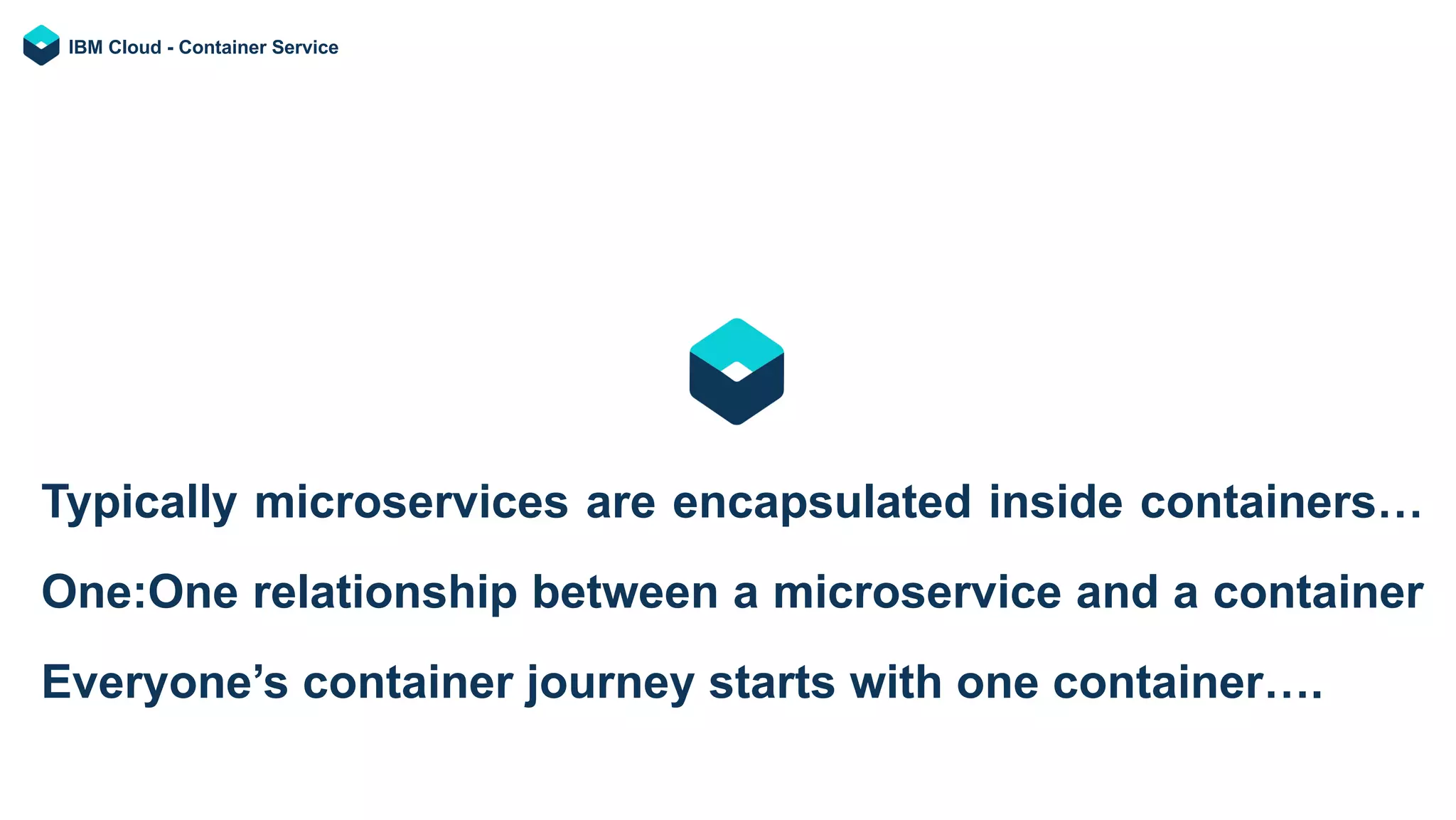 Typically microservices are encapsulated inside containers…
One:One relationship between a microservice and a container
Everyone’s container journey starts with one container….
IBM Cloud - Container Service
 