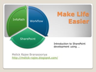Make Life
InfoPath
            Workflow              Easier

     SharePoint
                              Introduction to SharePoint
                              development using …


Melick Rajee Branasooriya
http://melick-rajee.blogspot.com/
 