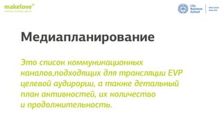 employer branding agency
Медиапланирование
Это список коммуникационных
каналов,подходящих для трансляции EVP
целевой аудирории, а также детальный
план активностей, их количество
и продолжительность.
 