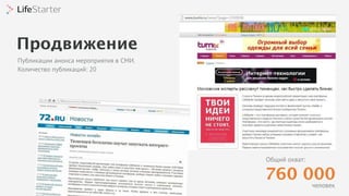 Продвижение
Публикации анонса мероприятия в СМИ.
Количество публикаций: 20
760 000
Общий охват:
человек
 