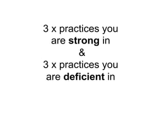3 x practices you
are strong in
&
3 x practices you
are deficient in
 