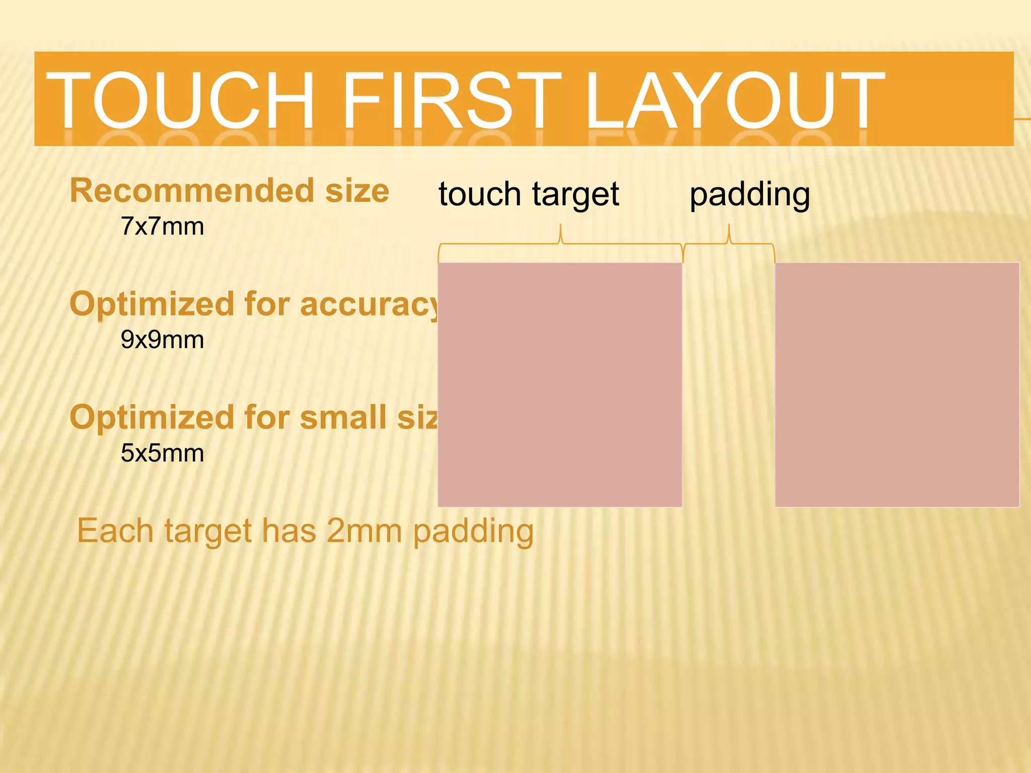 TOUCH FIRST LAYOUT
Recommended size
   7x7mm


Optimized for accuracy
   9x9mm


Optimized for small size
   5x5mm


Each target has 2mm padding
 