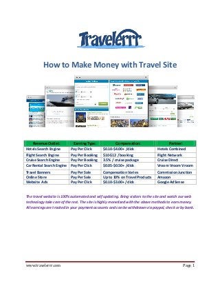 How to Make Money with Travel Site

Revenue Outlet:
Hotels Search Engine
Flight Search Engine
Cruise Search Engine
Car Rental Search Engine

Earning Type:
Pay Per Click
Pay Per Booking
Pay Per Booking
Pay Per Click

Compensation:
$0.10-$4.00+ /click
$10-$12 / booking
3.5% / cruise package
$0.05-$0.50+ /click

Partner:
Hotels Combined
Flight Network
Cruise Direct
Vroom Vroom Vroom

Travel Banners
Online Store
Website Ads

Pay Per Sale
Pay Per Sale
Pay Per Click

Compensation Varies
Up to 10% on Travel Products
$0.10-$3.00+ /click

Commission Junction
Amazon
Google AdSense

The travel website is 100% automated and self updating. Bring visitors to the site and watch our web
technology take care of the rest. The site is highly monetized with the above methods to earn money.
All earnings are tracked in your payment accounts and can be withdrawn via paypal, check or by bank.

www.travelerrr.com

Page 1

 