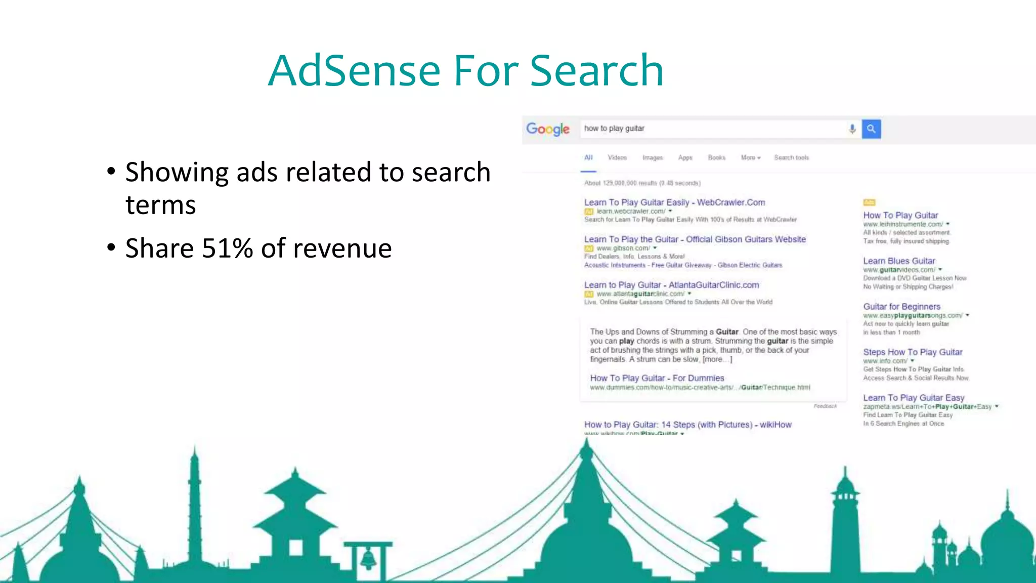 AdSense For Search
• Showing ads related to search
terms
• Share 51% of revenue
 