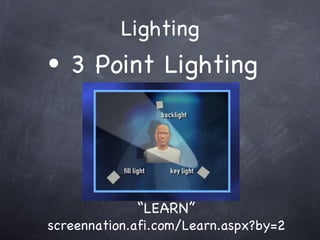 Lighting 3 Point Lighting  LEARN  screennation.afi.com/Learn.aspx?by=2 